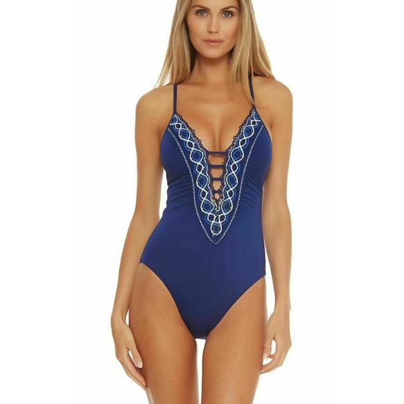Becca Tallulah Clair Crochet Plunge One Piece Swimsuit Navy Blue S New - Picture 1 of 5